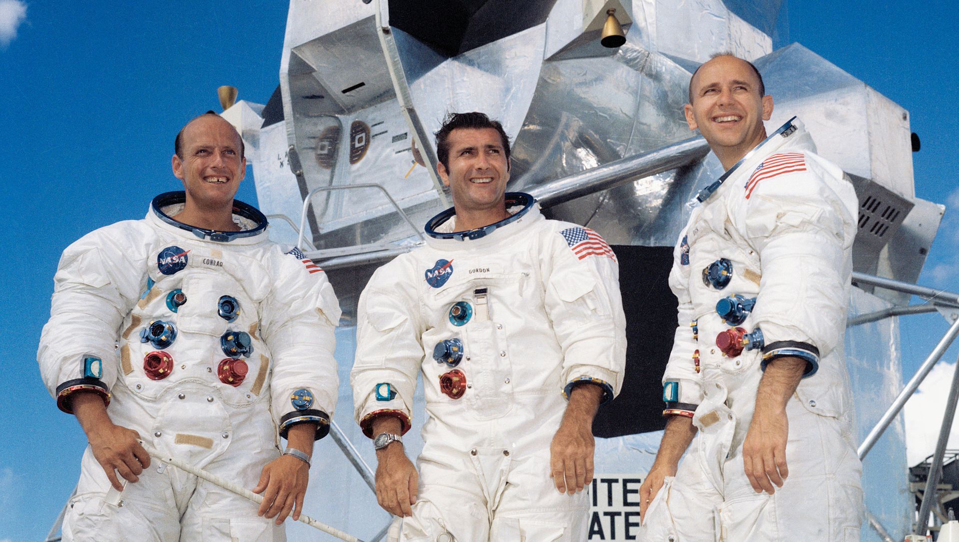 Portrait of the prime crew of the Apollo 12 lunar landing mission. From left to right they are: Commander, Charles "Pete" Conrad Jr.; Command Module pilot, Richard F. Gordon Jr.; and Lunar Module pilot, Alan L.Bean. The Apollo 12 mission was the second lunar landing mission in which the third and fourth American astronauts set foot upon the Moon. This mission was highlighted by the Lunar Module nicknamed "Intrepid" landing within a few hundred yards of a Surveyor probe which was sent to the Moon in April of 1967 on a mapping mission as a precursor to landing.